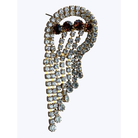 Rhinestone Brooch With Cascading Clear and Amber Crystals Vintage - Picture 8 of 16